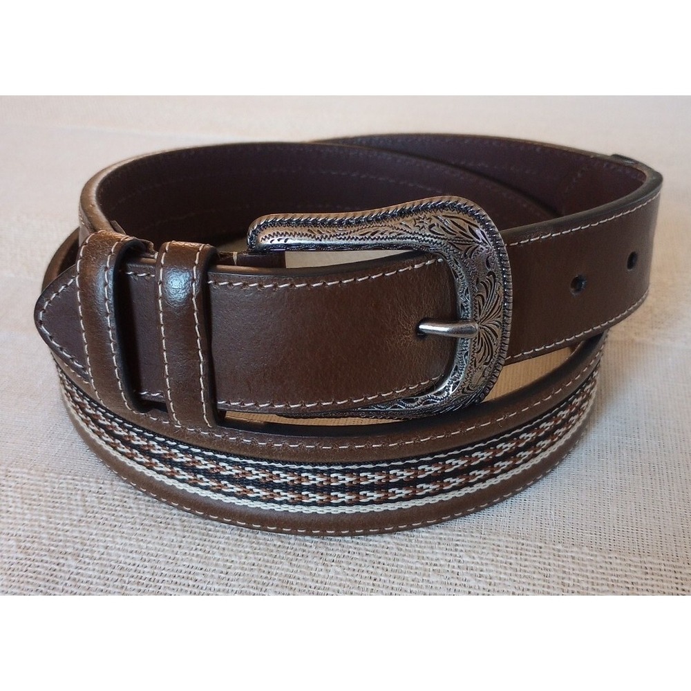 Genuine Leather Belt Unisex Unbranded Woven Inlay Brown W/Western Buckle 40 EUC
